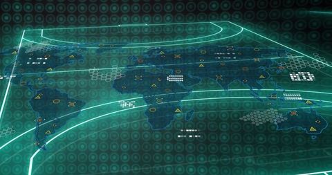 Futuristic Holographic World Map with Digital Analytics Interface