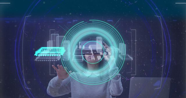 Scope scanning over 3d city model against caucasian woman wearing vr headset against blue background. computer interface and technology concept