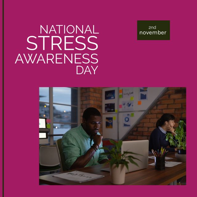 Composition of national stress awareness day text over diverse business people on pink background - Download Free Stock Videos Pikwizard.com