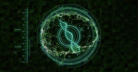 Futuristic dna helix hud visualization with neon circuits and diagnostic data overlay