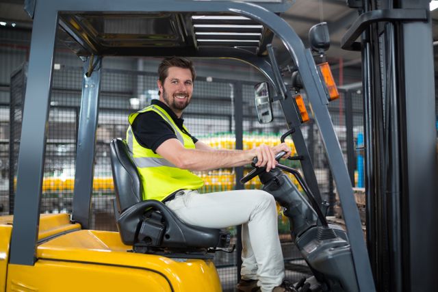 Factory worker operating forklift and smiling, engaged in materials handling. Can be used for themes related to industrial operations, logistics, warehousing, occupational safety, and workplace efficiency.