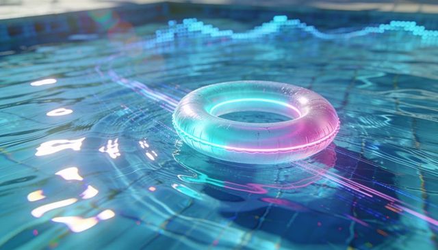 Neon translucent swim ring floating on pool water with cyan magenta glow and reflections