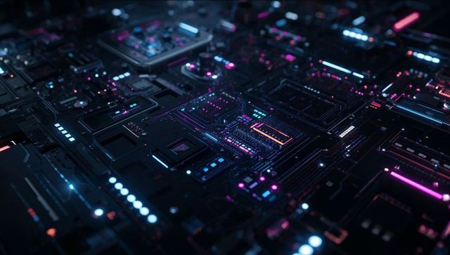 Futuristic circuit board with neon lights in dark laboratory