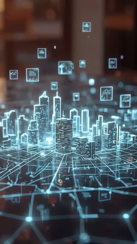 Holographic Smart City Grid with Floating Data Icons in Vertical Futuristic Video