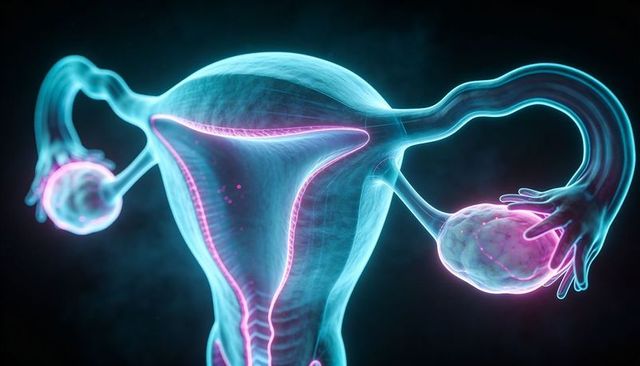 Luminescent 3d uterus rendering with neon endometrium, fallopian tubes and ovaries