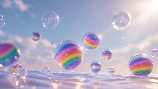 Rainbow bubbles above reflective water surface