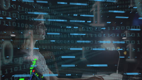 Woman in tech industry immersed in digital binary code stream