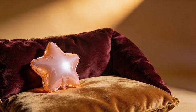 Pale-pink foil star balloon resting on golden velvet cushion with burgundy velvet pillow