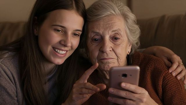 Granddaughter teaching grandmother smartphone use while sharing warm evening on couch