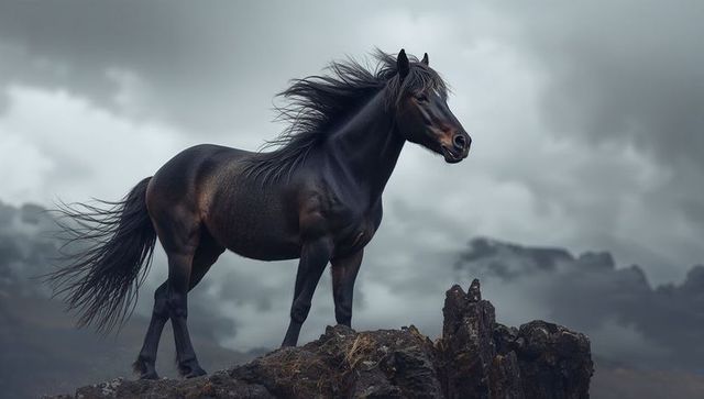 Standing dark bay horse on rocky outcrop with windblown mane under dramatic stormy skies