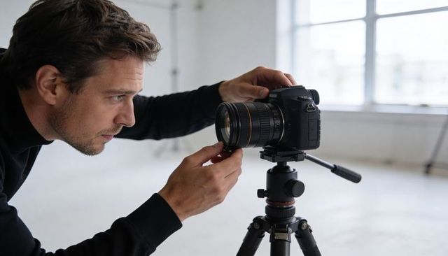 Male photographer adjusting dslr lens on tripod in bright studio for professional shoot