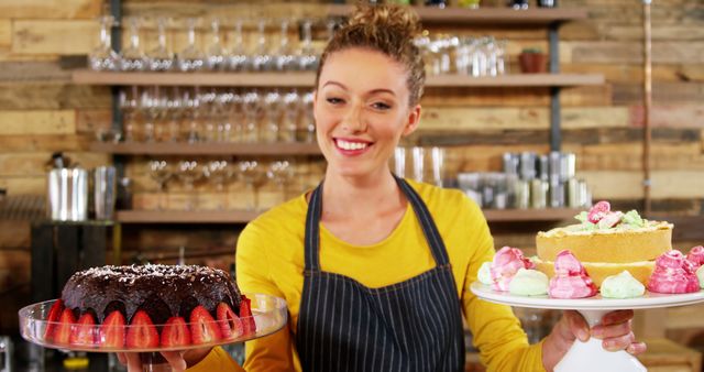 This image is perfect for promoting bakery shops, patisserie businesses, and culinary websites. It captures the joyful and professional ambiance of a bakery. Ideal for advertising bakery products, menus, and special dessert offers.