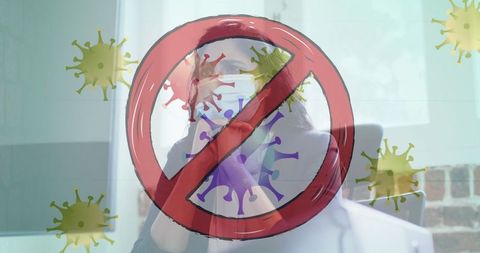 Businesswoman in Office Masked with Anti-COVID Symbol Overlay