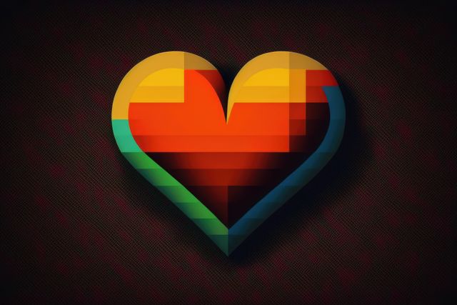Colourful pixel heart on black background, created using generative ai technology. Retro, love and heart concept.