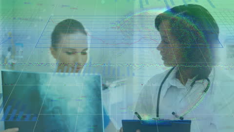 Healthcare Professionals with X-ray Analyzing Financial Data Overlay