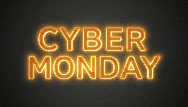 Glowing cyber monday neon sign on charcoal background casting warm halo for promotion