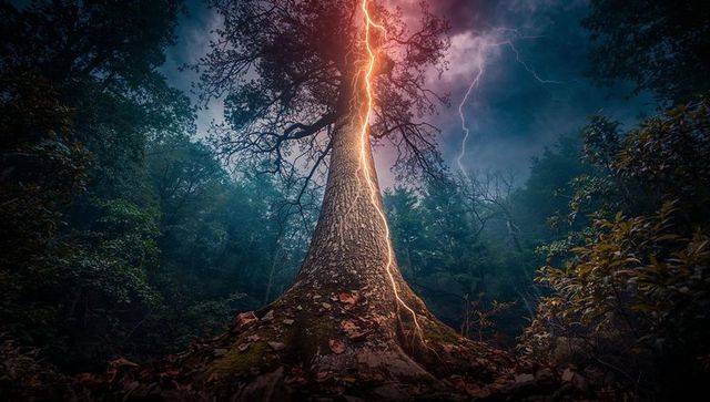 Lightning Striking Tree in Mystical Forest During Storm
