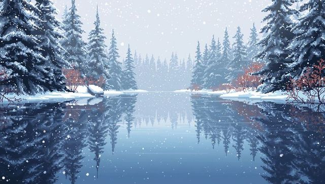 Misty pixel art winter lake reflecting snow-covered evergreen forest frozen shoreline