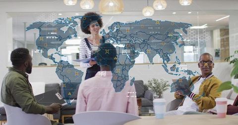 Presenting leader guiding team while visualizing global data map overlay in coworkoring