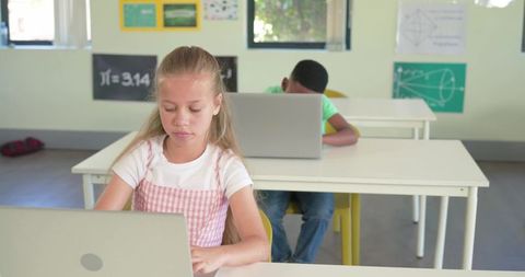 Elementary Students Using Laptops in Bright Classroom Focusing on Math and Online Learning
