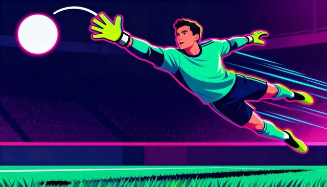 Neon diving goalkeeper making high-speed save in futuristic stadium night arena illustration