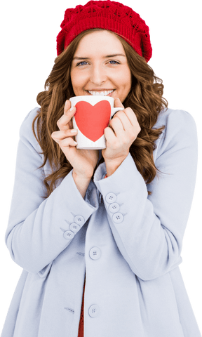 Cheerful Woman in Cozy Outfit Holding Heart Mug on Transparent Background
