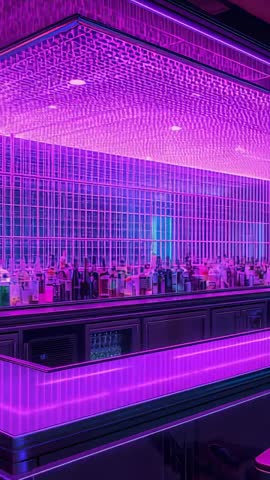 Vertical video of neon bar glowing with purple LED strips and mirrored backbar reflecting lights