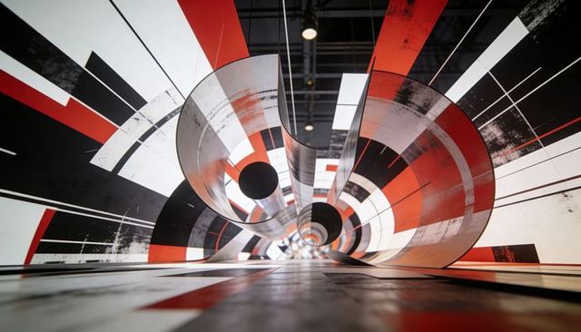 Spiral exhibition installation red black white modern geometric panels tunnel perspective