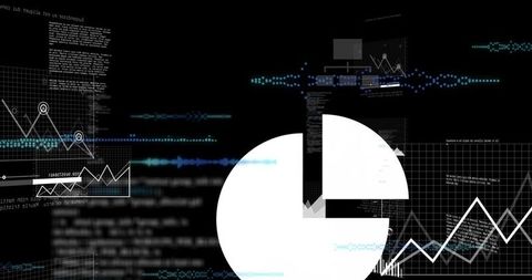 Interactive Data Visualization Showing Pie Chart with Missing Wedge, Line Graphs and Waveforms