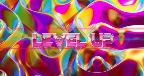 Floating level up glowing neon holographic text over iridescent metallic waves, synthwave design