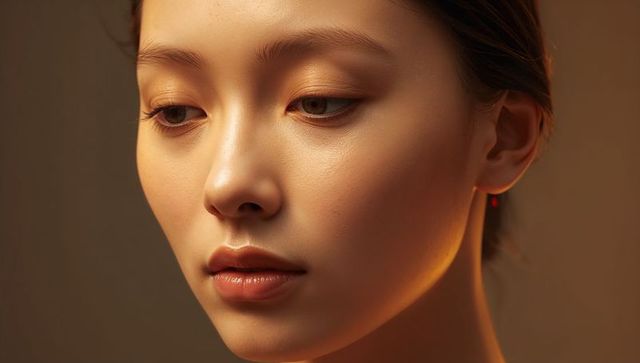 Asian woman tilting head with warm rimlight and red drop earring, subtle makeup closeup