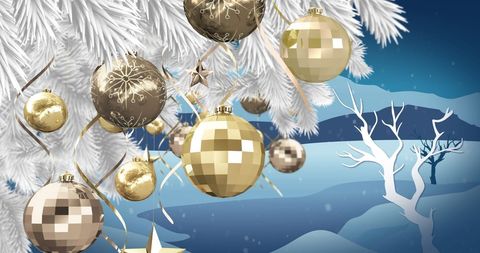 Golden Christmas Baubles on Snow-Covered Tree at Night