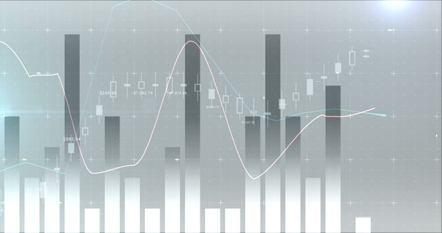 Image depicts a digital financial data chart with various analytical graphs including bar and line charts. Suitable for illustrating stock market trends, financial reports, and investment analysis. Ideal for use in presentations, financial blogs, and instructional materials related to economics and finance.