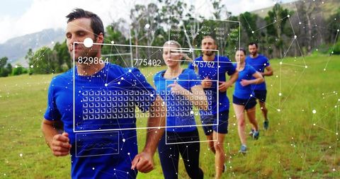Leading male runner guiding group training with augmented reality fitness data overlay