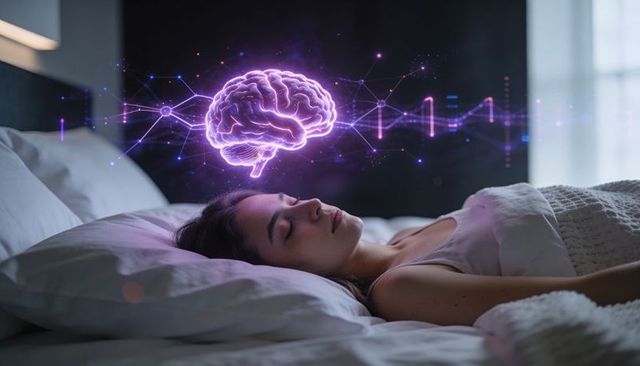 Sleeping woman with glowing holographic brain showing neural activity and lucid dreaming