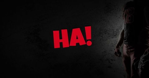 Bold 'ha!' typography with red sports theme