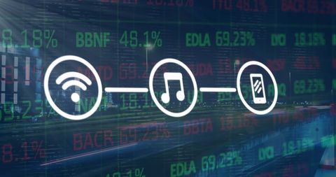 Digital connectivity and communication icons overlaying cityscape