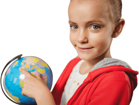Caucasian schoolgirl holding globe on transparent png background