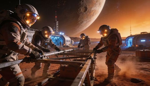 Astronauts Assembling Mars Base Rail at Sunset with Lunar Backdrop and Habitat Modules