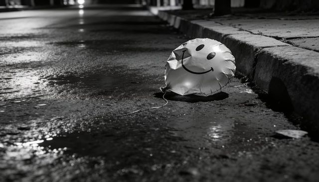Deflated smiley balloon on wet urban curb at night conveying contrast and solitude