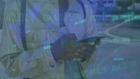 Man Using Smartphone Overlaying Stock Market Data