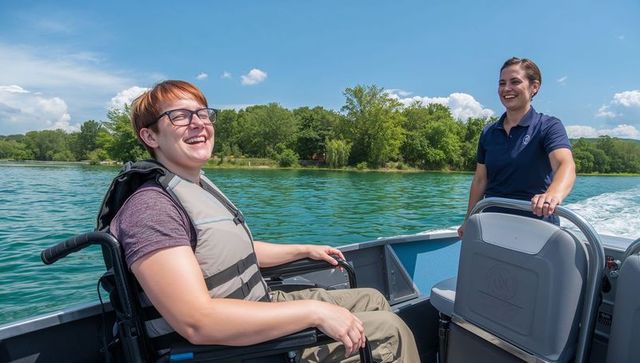 Smiling wheelchair user enjoying adaptive boating with guide on sunny lake for inclusive recreation