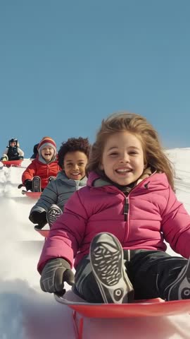 Vertical video: Children sledding down snowy hill on red sleds, laughing and racing