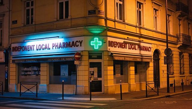 Independent local pharmacy neon corner at night with glowing green cross and empty street