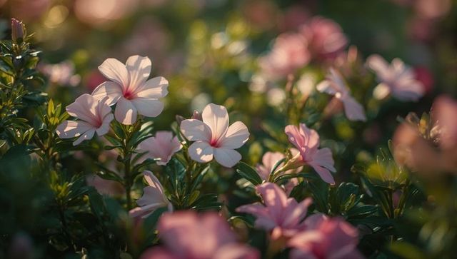 Pastel pink vinca blossoms glowing in golden hour garden with soft bokeh and glossy leaves