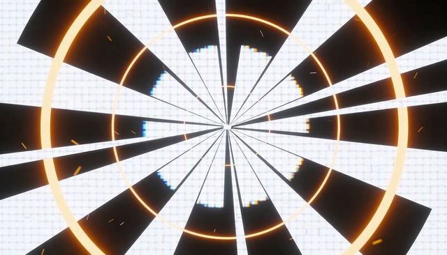 Radial neon rings with high-contrast black and white beams converging to center