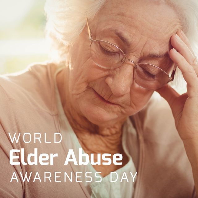 Photo showing a sad elderly woman possibly experiencing distress, used to promote awareness on World Elder Abuse Awareness Day. Ideal for campaigns advocating for elderly rights, educational resources on elder abuse, and support organizations aiming to raise awareness about the issues faced by senior citizens.