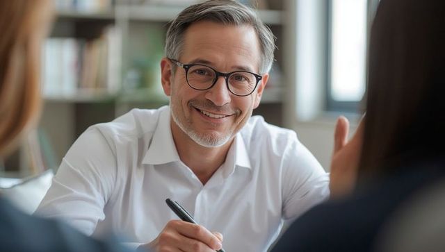 Smiling Consultant Engaging in Meeting at Modern Workspace