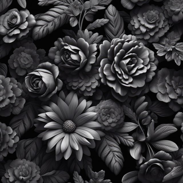 Intricate black and white floral pattern featuring detailed roses, daisies, and leaves. Perfect for use in stationery designs, wallpapers, textile prints, packaging designs, and backgrounds for digital or print marketing materials.