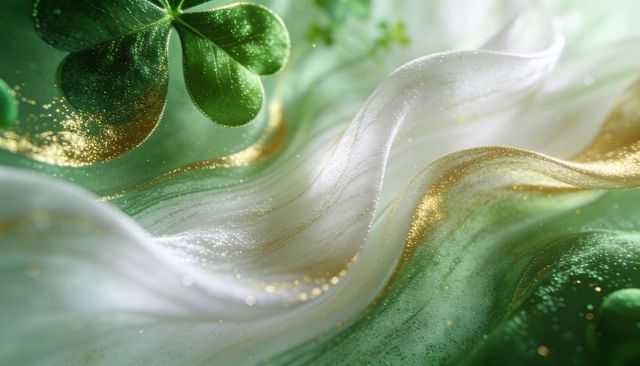 Emerald silk ribbon flowing with four-leaf clover and gold dust, sparkling backdrop